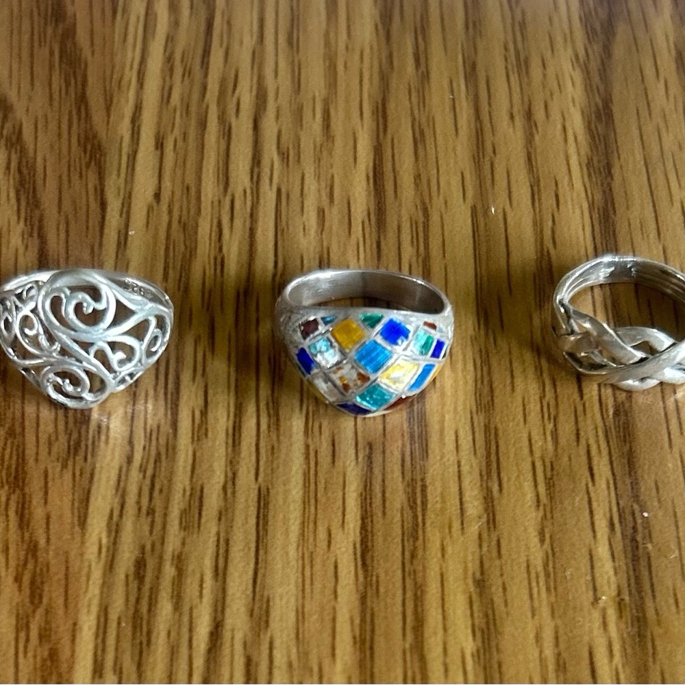 3 vintage sterling silver ring a harlequin, filigree dome, and Celtic braid.